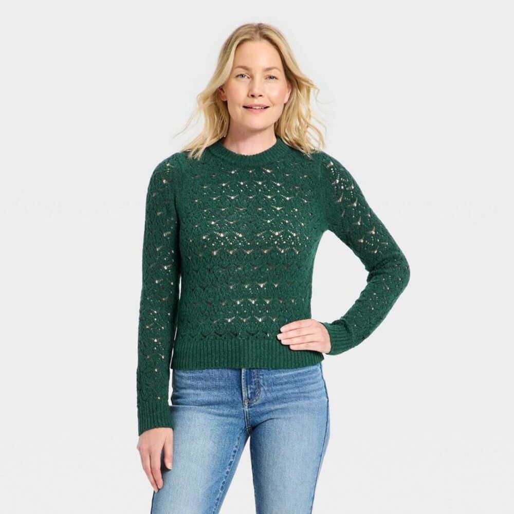 Women's Long Sleeve Lace Crewneck Pullover Sweater - Dark Green S